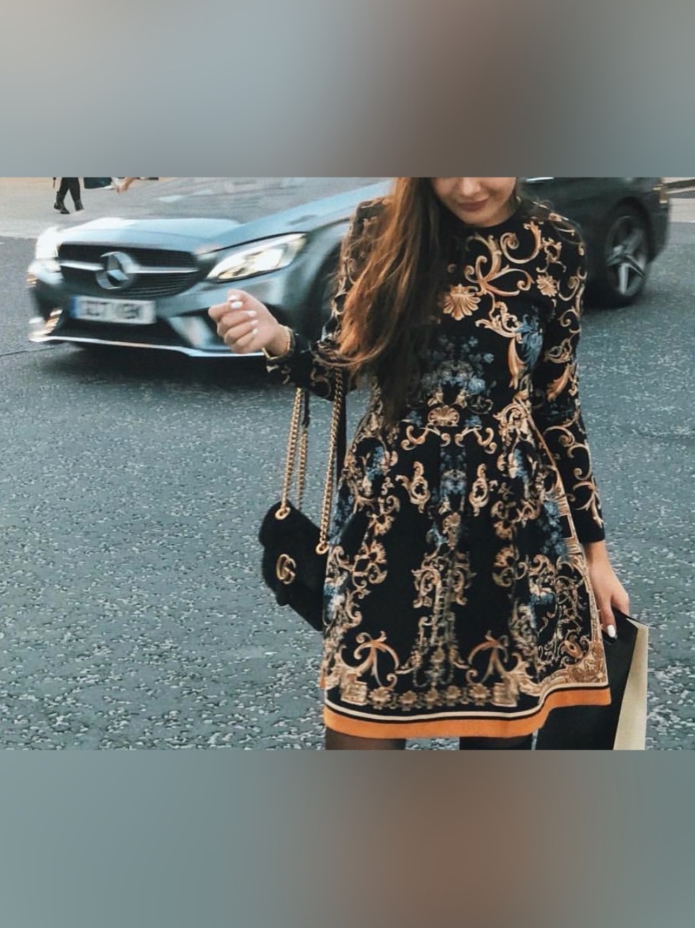 Baroque-Print Black Long-Sleeve Fit & Flare Dress